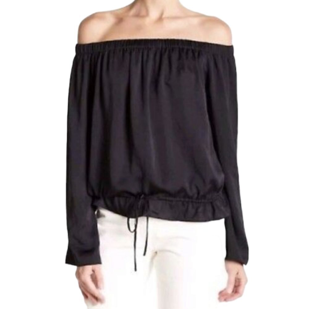 Theory Odettah Navy Ribbed Soft Seersucker Off The Shoulder Top Size Small
